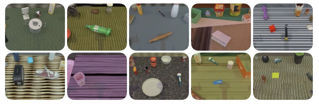 Ten simulated RoboTwin tasks with domain randomization.